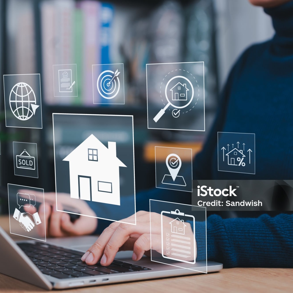Online Real Estate Search and Property Investment Platform. Woman using laptop with real estate icons house, sold sign, contract, and location, online property search, buying, and investment planning.